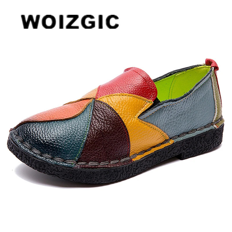 WOIZGIC Female Ladie Mother Genuine Leather Shoes Flats Loafers Moccasins Slip On Colorful Plus Size 41 42 241126