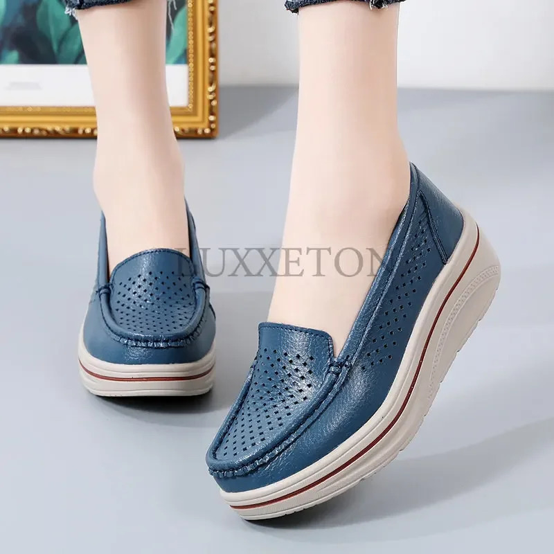Womans Casual Shoes Leather Hollow Flat Loafers Slip on Ladies Moccasins Breathable Women Platform Sneakers Zapatos Mujer 241126