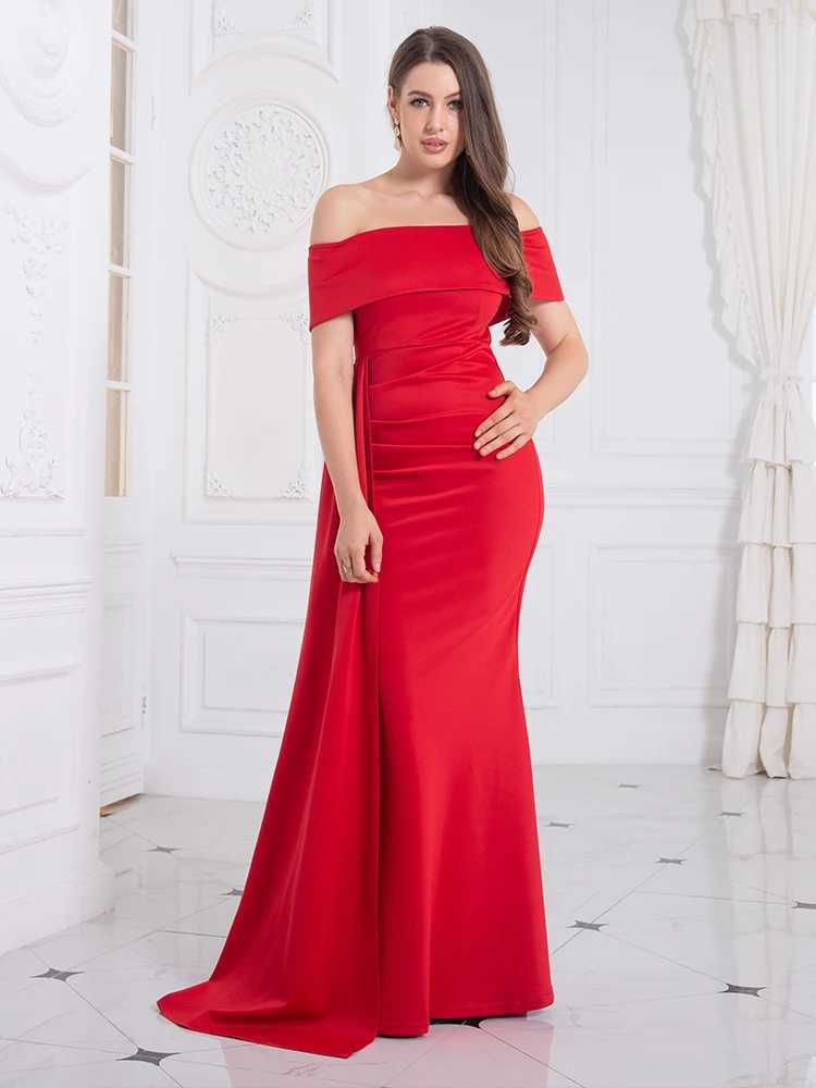 Runway Dresses White Shoulder Elastic Night Party Dress Side Train Floor Length Slanted Neck Fromal Party Dress Red Black Y240426