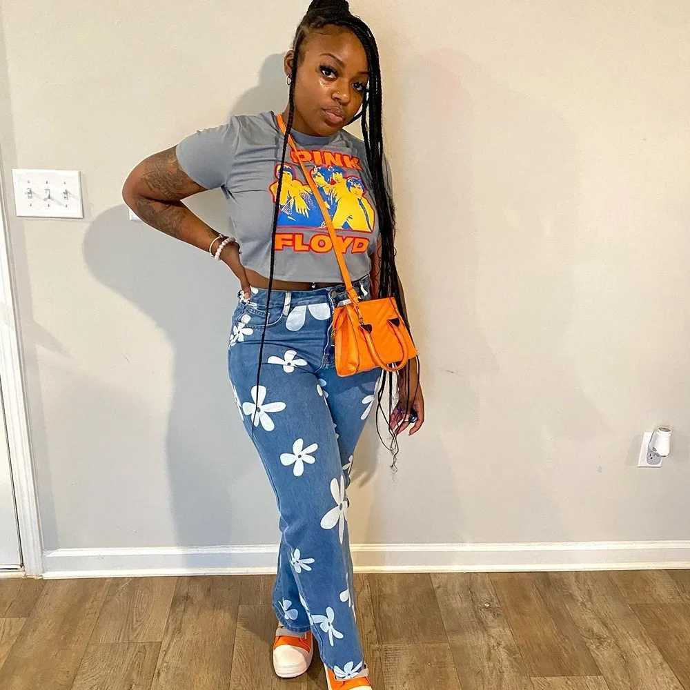 Women's Jeans High waisted washed vintage denim pants with floral print straight leg jeans for womens stretch pants straight wash Trouser H241130