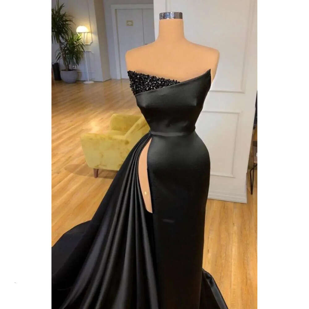 New Gothic Black Evening Dresses Sexy High Thigh Split Sheath Women Prom Gowns Strapless Beads Sequins Long Robes Vestidos De Bal Bc