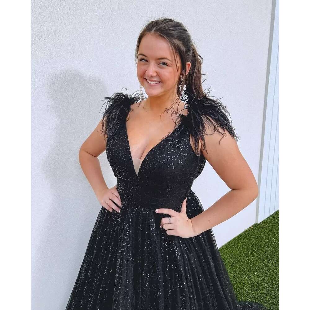 Sequin V Neck Prom Dresses Feather Ball Gown for Women Tulle Formal Evening Party Gowns prom AMZ s