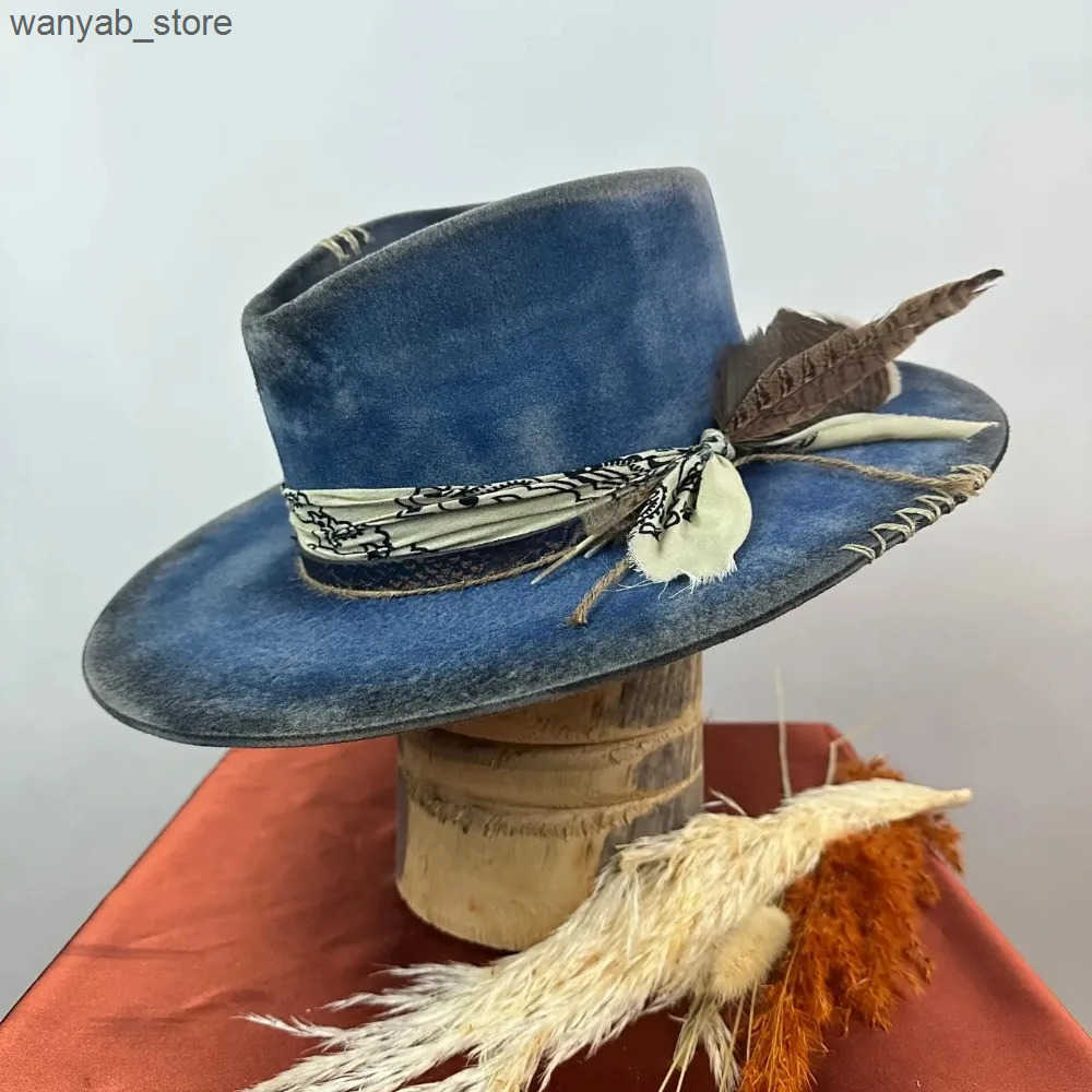 Wide Brim Hats Bucket Hats Ethnic style hats with worn out woven straps pure wool felt hats outdoor fashionable wool hats L240910