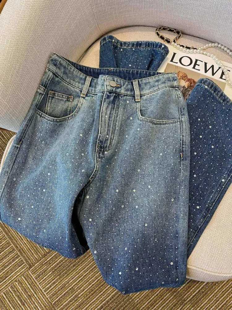 Women's Jeans Korean fashion womens high Strt style blue straight denim Trouser retro polka dot print high waist wide leg bag Y2K jeans pants H24