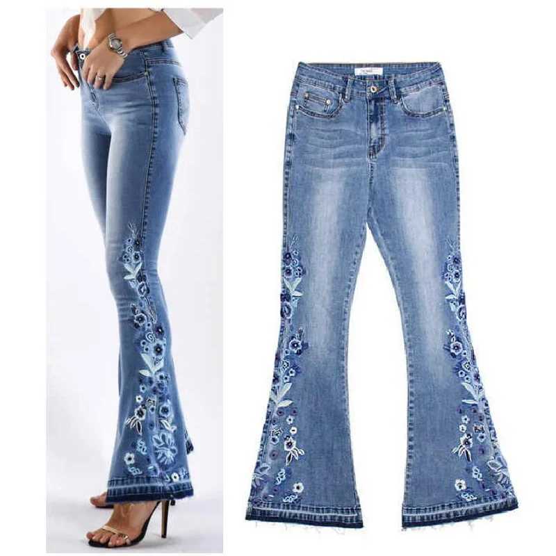 Women's Jeans Womens retro sparkling denim pants embroidered denim Trouser High Strt jeans elastic pleated hem pants H241130