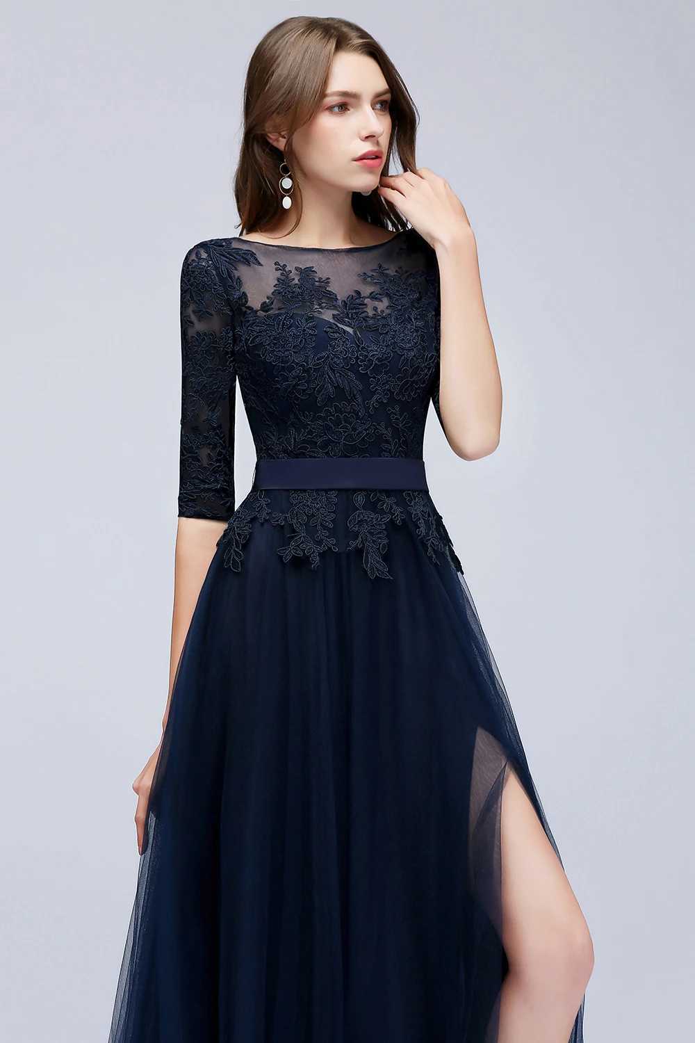 Runway Dresses Navy Blue Lace Long Evening Dresses Elegant Half Slve Appliques Tulle Formal Party Prom Gown Backless With Belt Robe De Soir Y240426