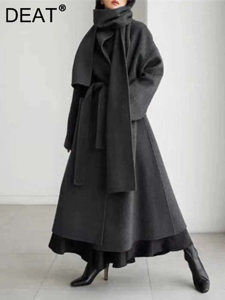 DEAT Elegant Cashmere Coat Neckerchief Lapel Laceup Waist Loose Thick Warm Long High Street Womens Jackets 2024 Autumn 15C741 241129