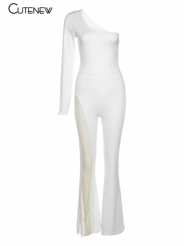 NIBBER Sexy Mesh Patchwork One Shoulder Playsuit Elegant Solid Skinny Flare Pants Jumpsuit Fashion Lady Party Streetwear 241120