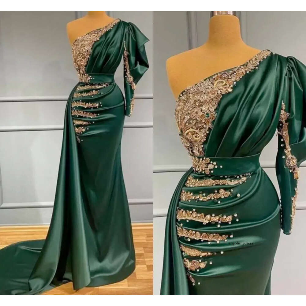Charming Satin Dark Green Mermaid Evening Dress With Gold Lace Appliques Pearls Beads One Shoulder Pleats Long Formal Ocn Gowns Vestidos De Fiesta Pro