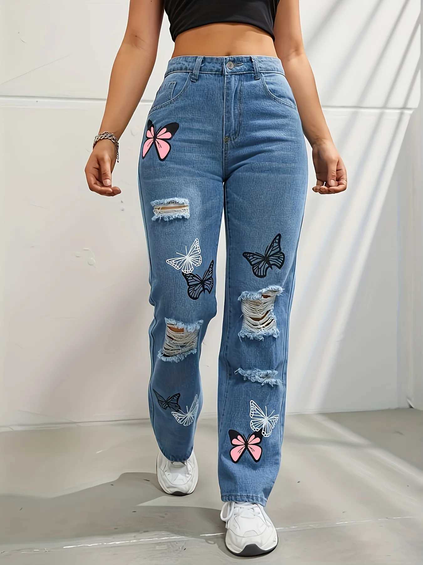 Women's Jeans Butterfly print denim Trouser womens hole denim straight pants high waist loose fit suitable for retro 2024 casual tight denim H241