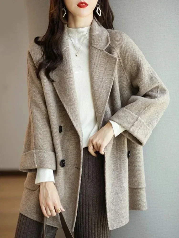 Winter Wool Coats Fashion Overcoat Female Elegant Solid Thick Woolen Coat Double Breasted Long Jackets Office Trench Women 241121