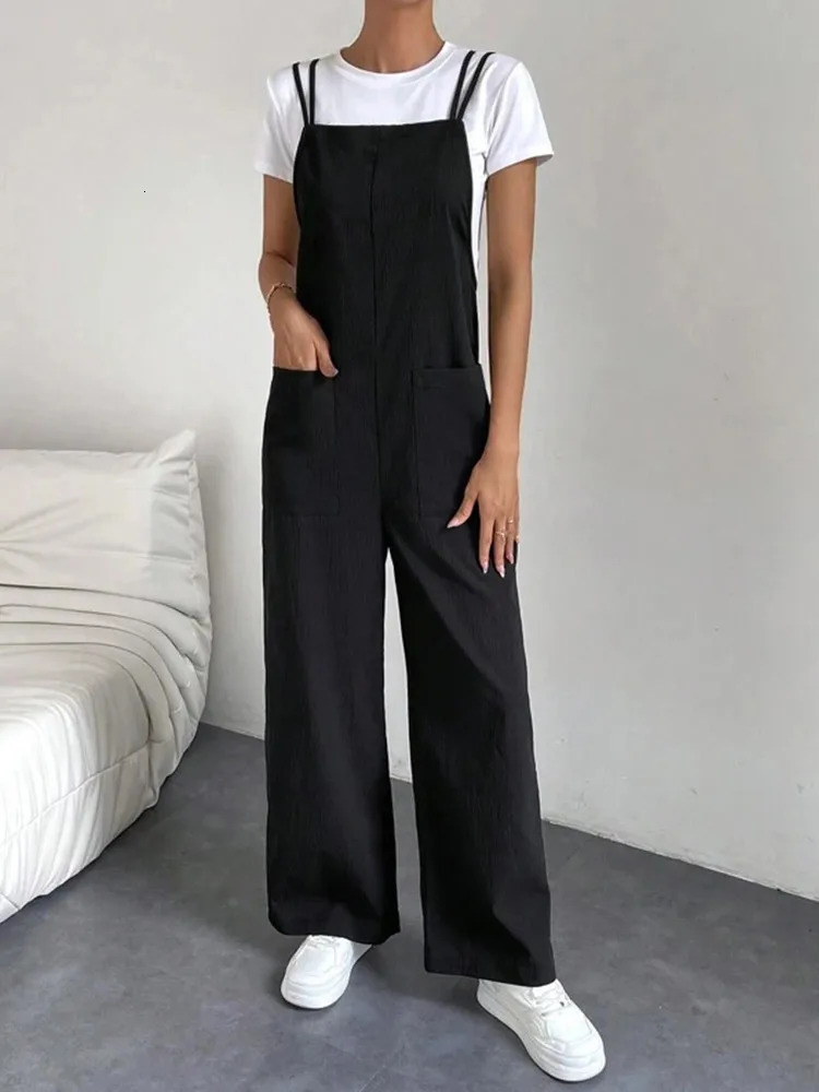 European and American Suspender Jumpsuit Womens 2024 Summer Fashion Casual Solid Long Wide Leg Women Overalls 241120