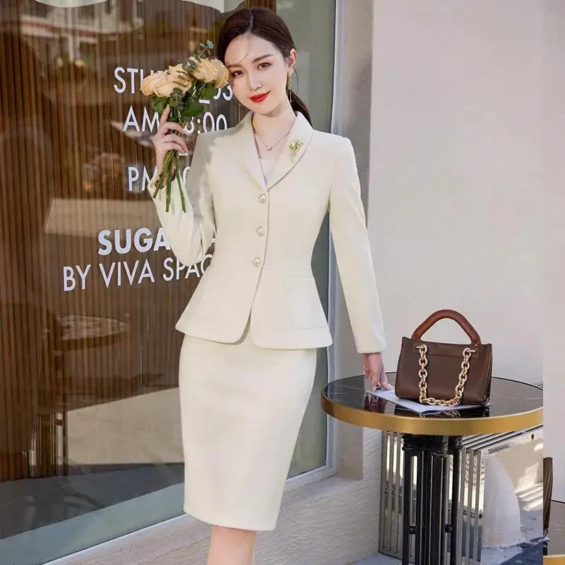 2023 Autumn Work Wear Womens Suit Elegant Solid Blazer Sleeveless Dress 2 Piece Set Single Breasted Jacket Plus Size S5XL 241129