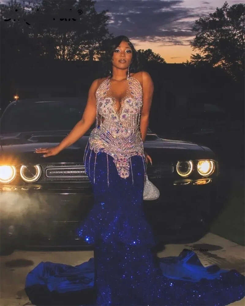 Sparkly Royal Blue Diamonds Mermaid Prom Sequins Bead Crystal Rhinestones Tassels Vestidos Birthday Party Dress 0431
