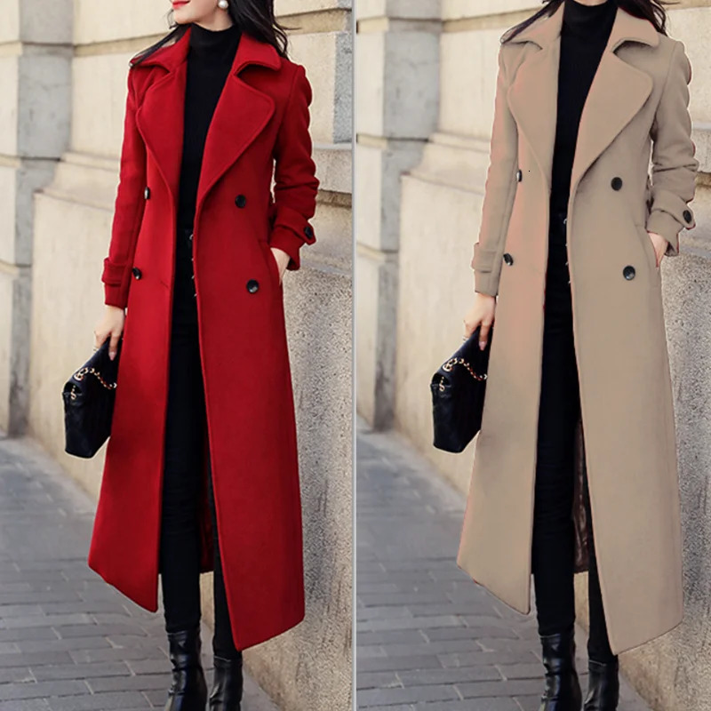 Winter Womens Coat Woolen Long Trench Outerwears Doublebreasted Coats Belt Lapel Warm Streetwear Temperament Tops Jacket S3XL 241129