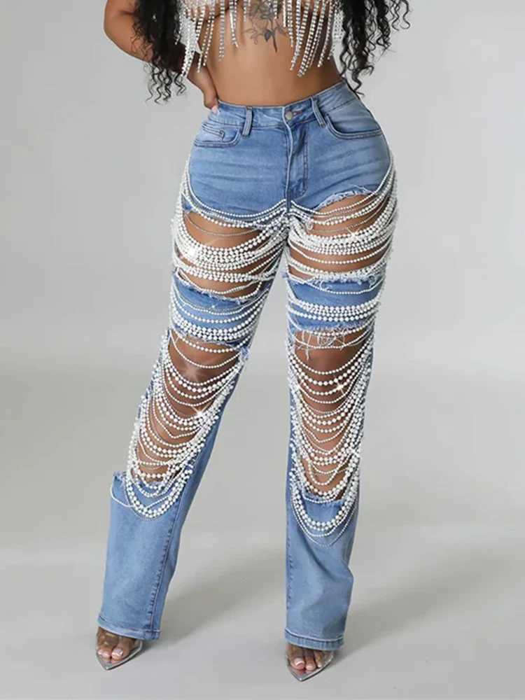 Women's Jeans Womens plus size pearl denim jeans with casual retro cut high waist Y2K Strtwear pearl denim jeans pocket ultra-thin denim Trouser 
