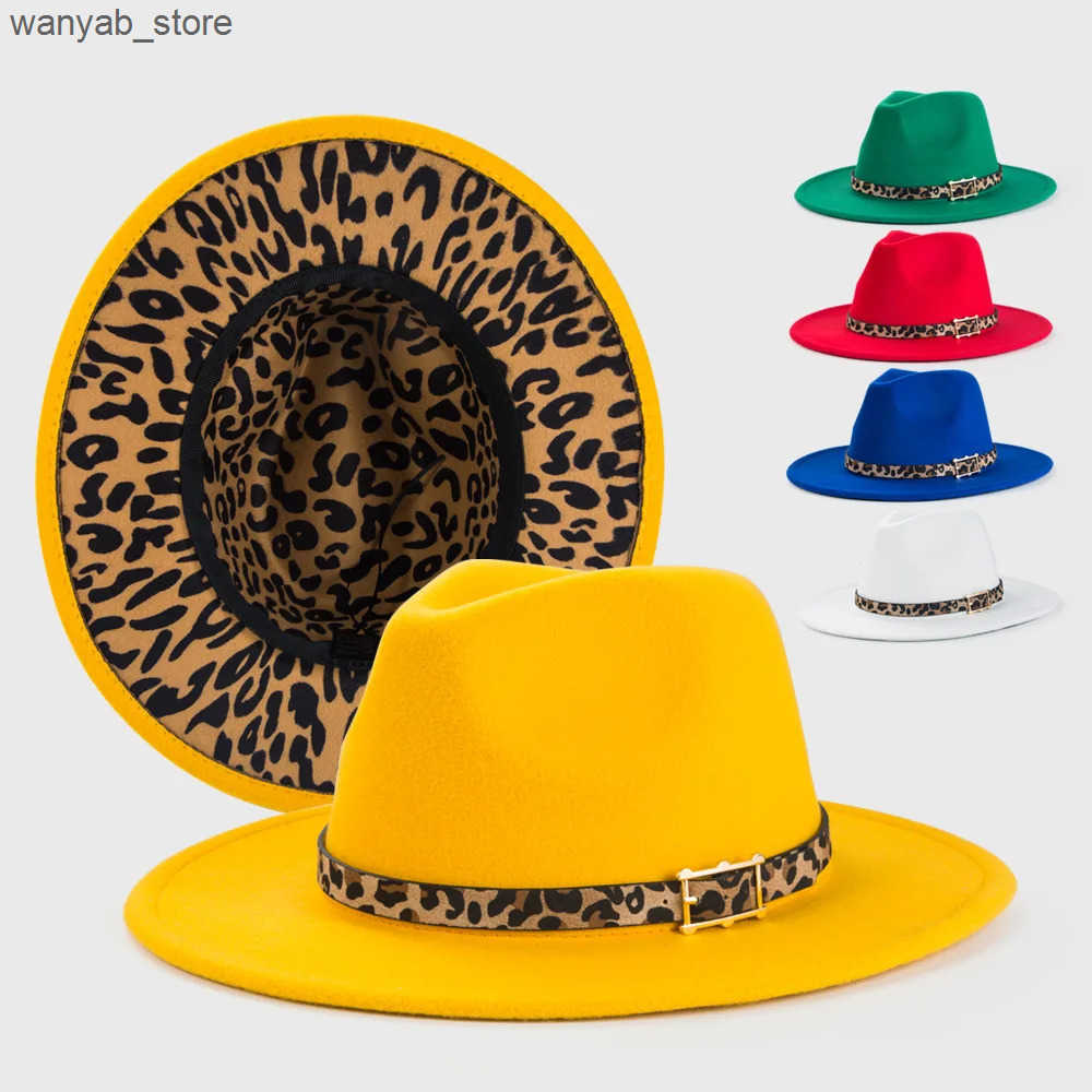 Wide Brim Hats Bucket Hats Yellow fedora inner leopard print spring new hat Panama felt hat for men and women jazz hat fedora hat L240910