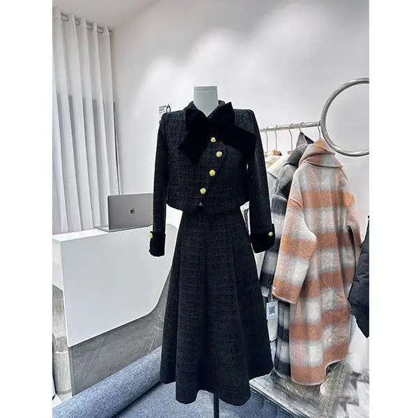 Spring Korean Style Bow Short Coat Women Clothing Aline Midi Skirt Set High End Commuting Black Two Piece Outfits 241129