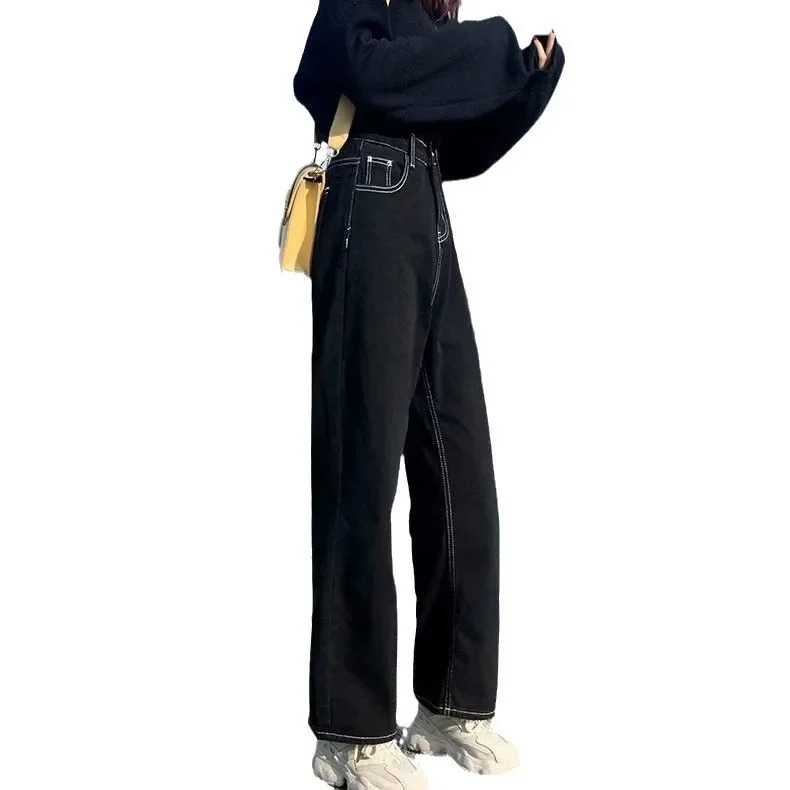 Womens autumn and winter thick jeans high waist loose fit straight leg wool lining denim casual style 241122