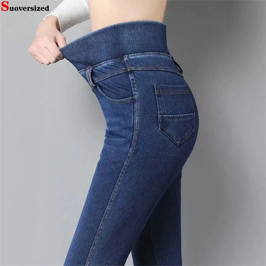 Elastic classic high waisted ultra-thin pencil jeans for women blue tight Vaqueros Ankle length denim pants size 38 vintage Pantalones 241122