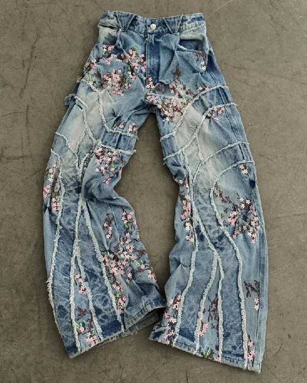 Women's Jeans Clothing jeans Y2K mens Harajuku hip-hop cherry blossom embroidery retro patch heavy-duty bag style jeans high waist wide leg Trous