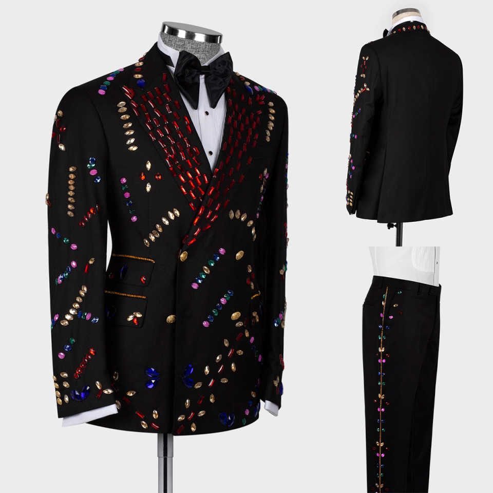 Luxury Men Suits Beaded Rhinestone Two Piece Sets Pants Jacket Peaked Lapel Wedding Tuxedos Double Breasted Business Formal Wedding Suit For Groom Cus