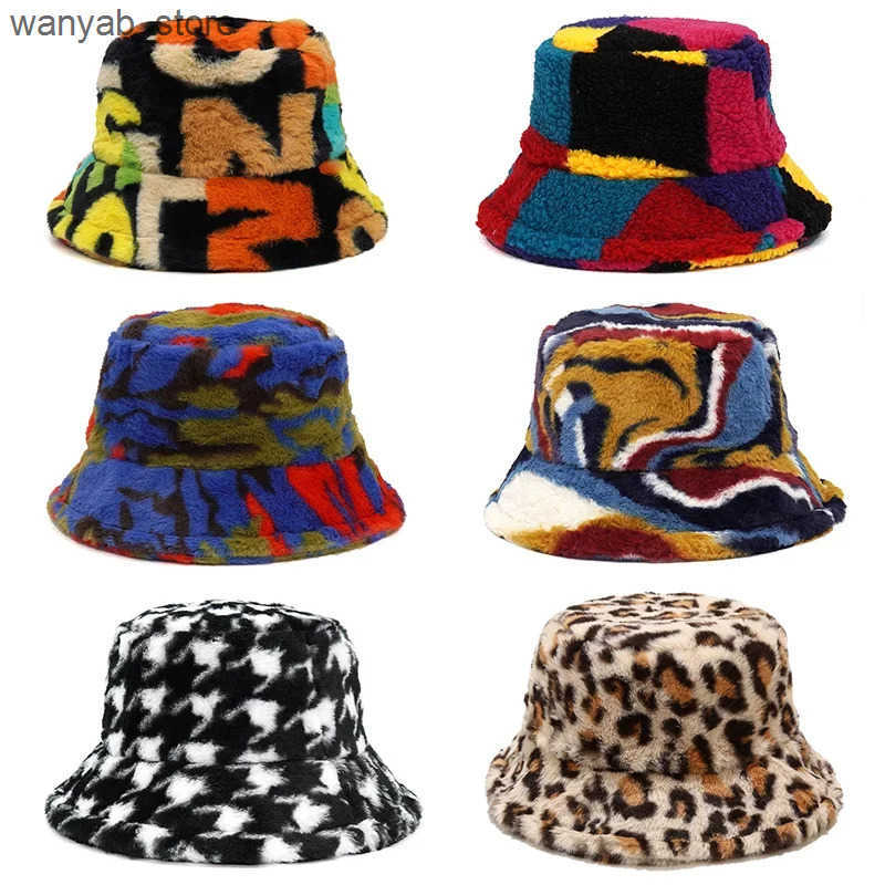 Wide Brim Hats Bucket 2024New Winter Bucket-Hats Fluffy Fur Men Women Panama Hat Fashion Warm Fisherman Cap Letter Rainbow Houndstooth Leopard Printed