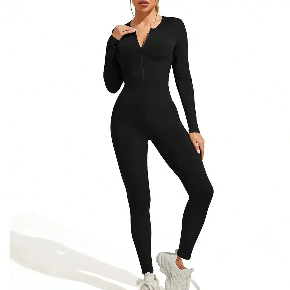 Fall sexy bodysuit for women solid color ribbed long sleeve zipper bodycon sporty clothing rompers jumpsuit 241120