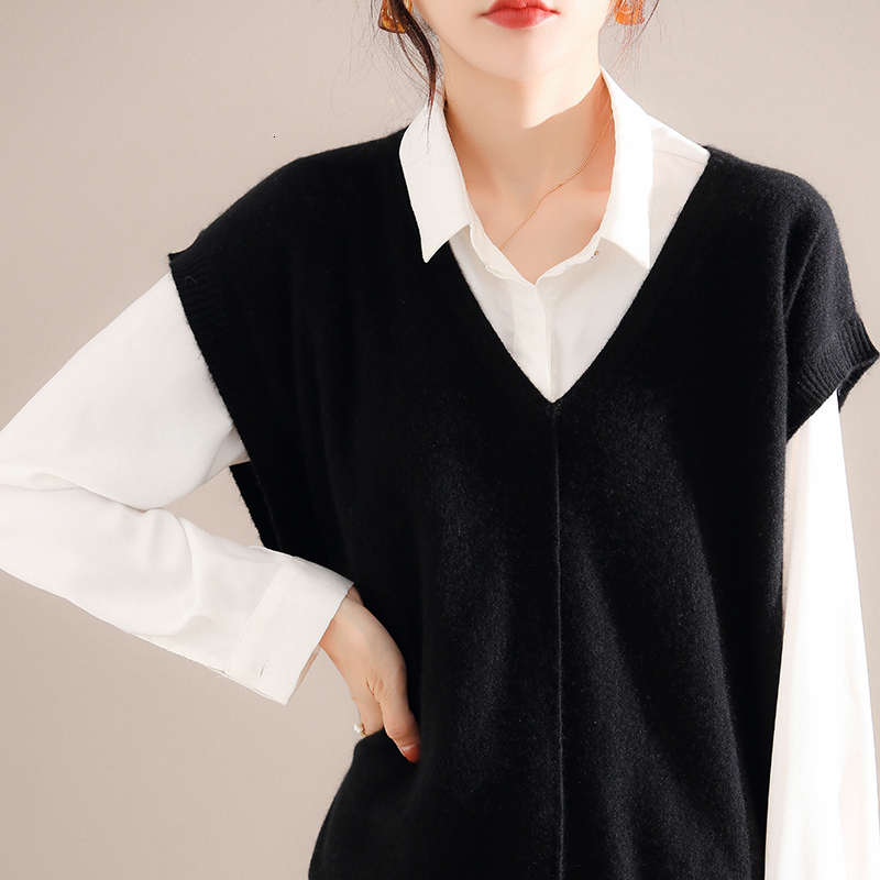Cashmere Ladies New 100%Pure Wool Knit Waistcoat Spring V-Neck Large Size Sweater Wild Sleeveless Vest Solid Loose Top