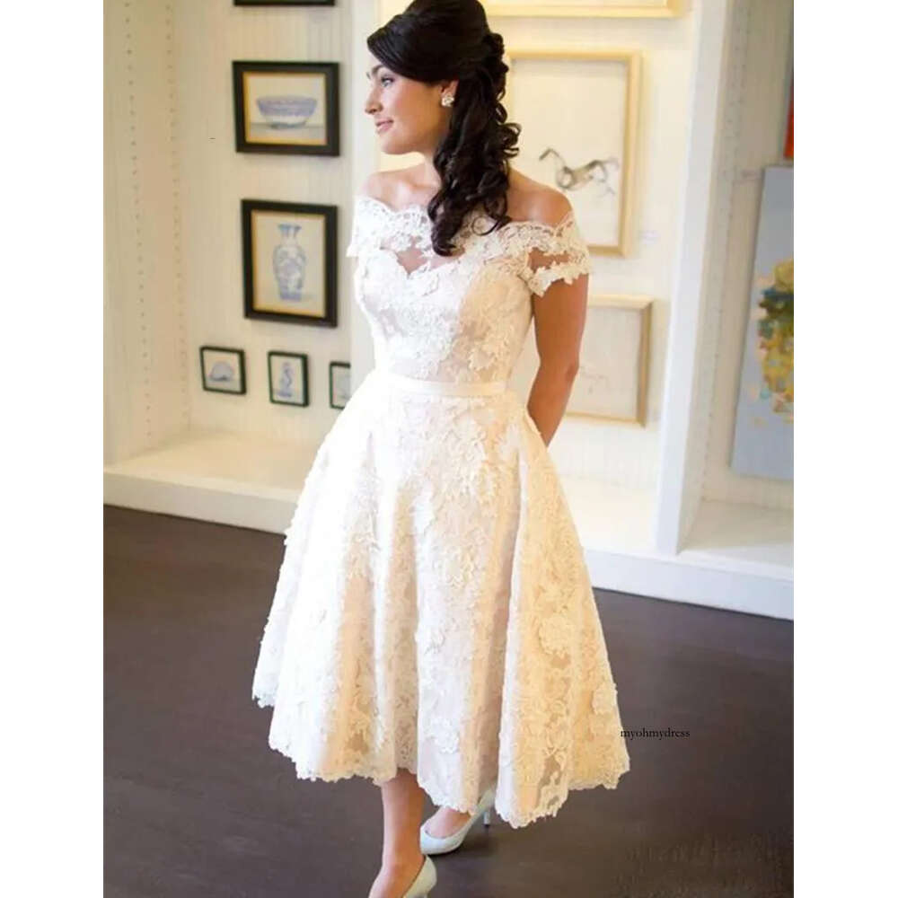 1950S Vintage Tea Length Wedding Dress Off Shoulder Sleeve Full Lace A Line Short Bridal Gowns Custom Size 0431