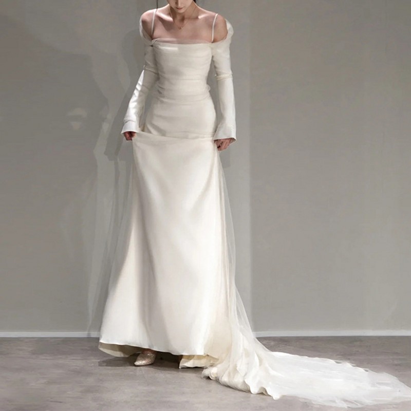 Elegant Mermaid Ivory Wedding Dress 2024 Off the Shoulder Backless Silk Satin Bridal Party Gowns Sweep Train Vestidos De Novias