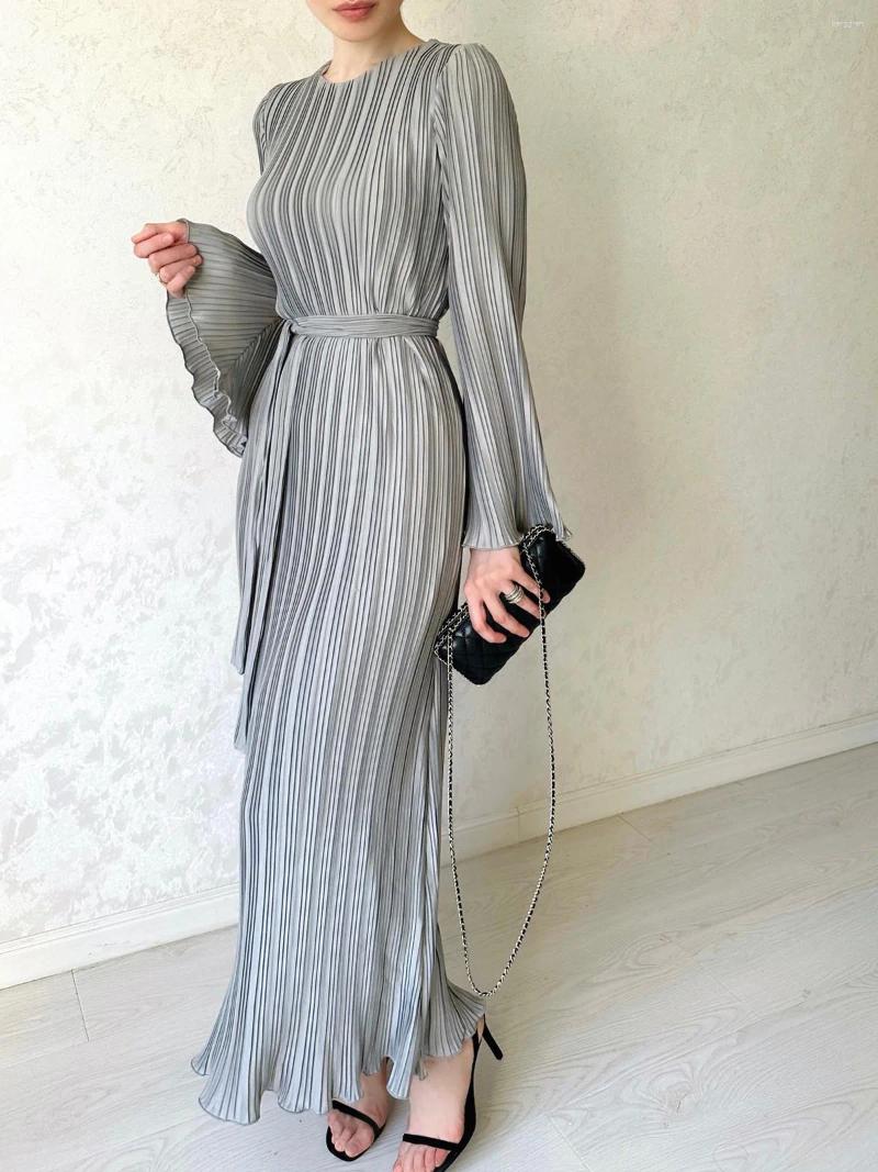Maxi Dress Women , Round Neck Elegant Flare Long Sleeve Pleated Slim Casual Dresses For Office Streetwear