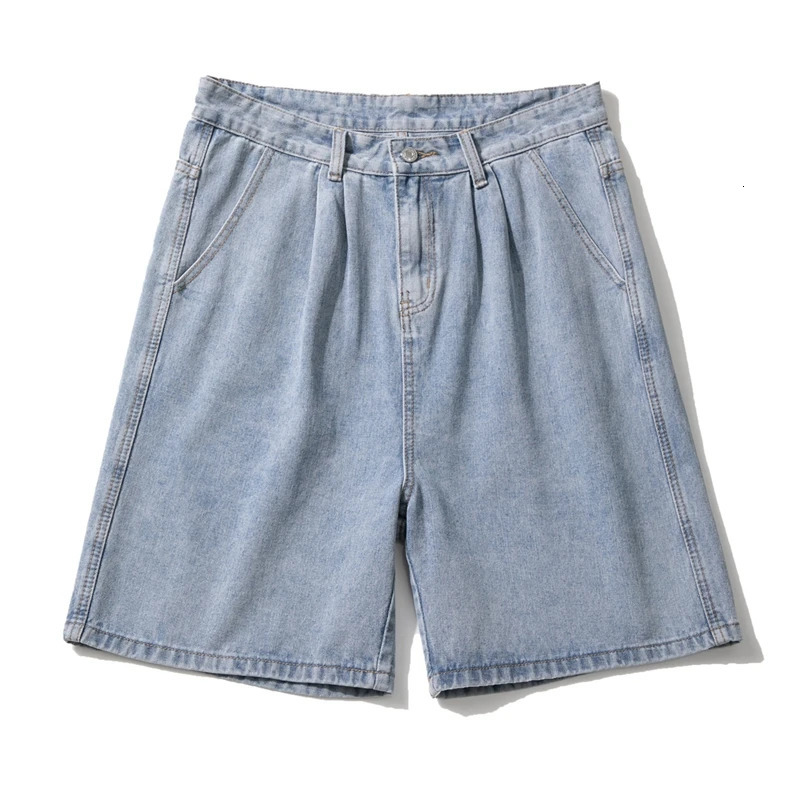 Summer Mens Baggy Straight Denim Shorts Korean Style Fashion Casual Loose Short Jeans Male Light Blue Black 240415