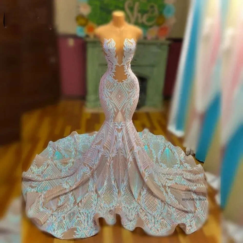 Sparkle Sequin Prom Dresses For Woman 2024 Sheer Neck Elegant Mermaid Party Robe Gala Luxe Evening Dress Long 0431