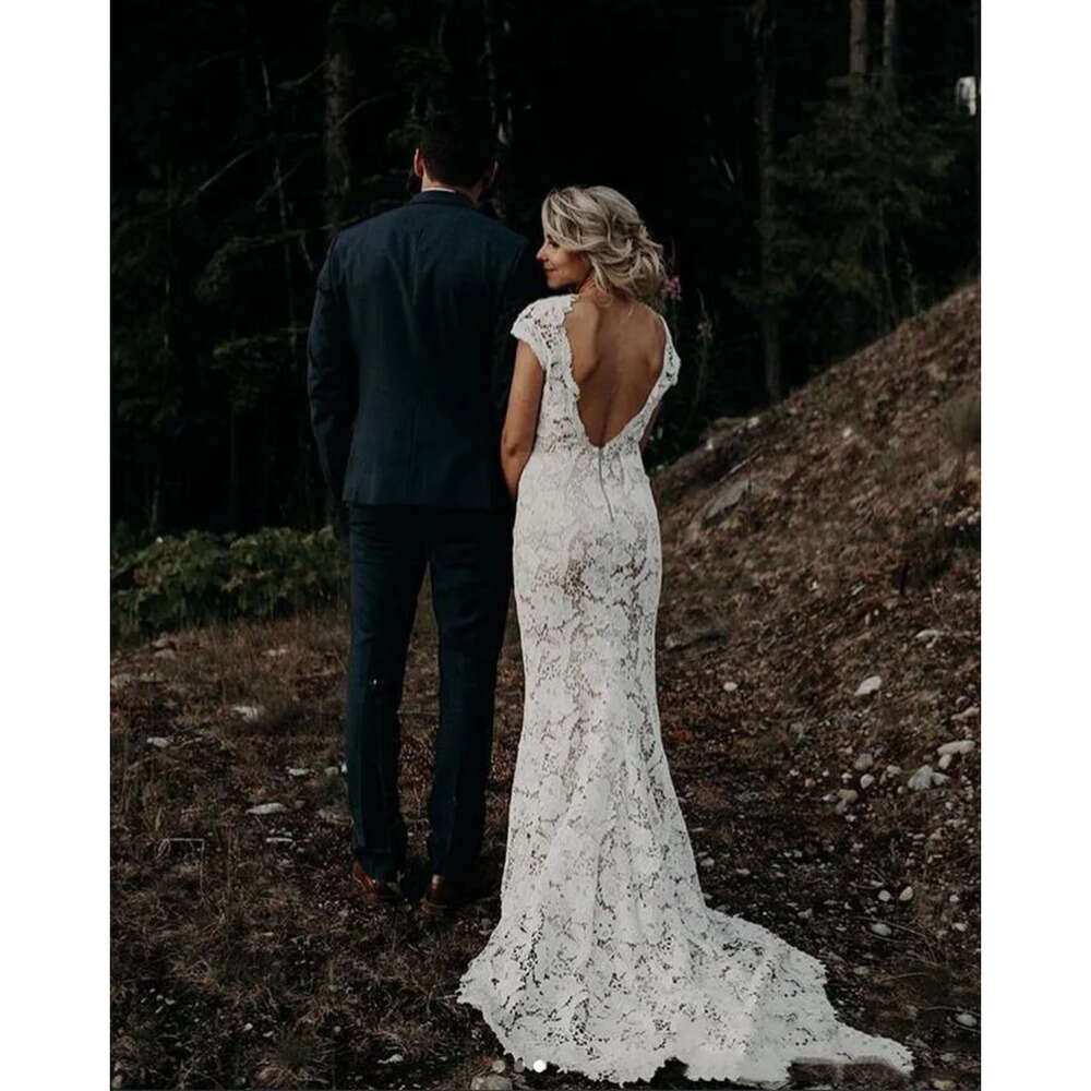Wedding Ivory Lace Garden Boho Dresses Vintage V Neck Country Beach Bridal Gowns Vestido De Novia Low Back Mermaid Sukienki Estido