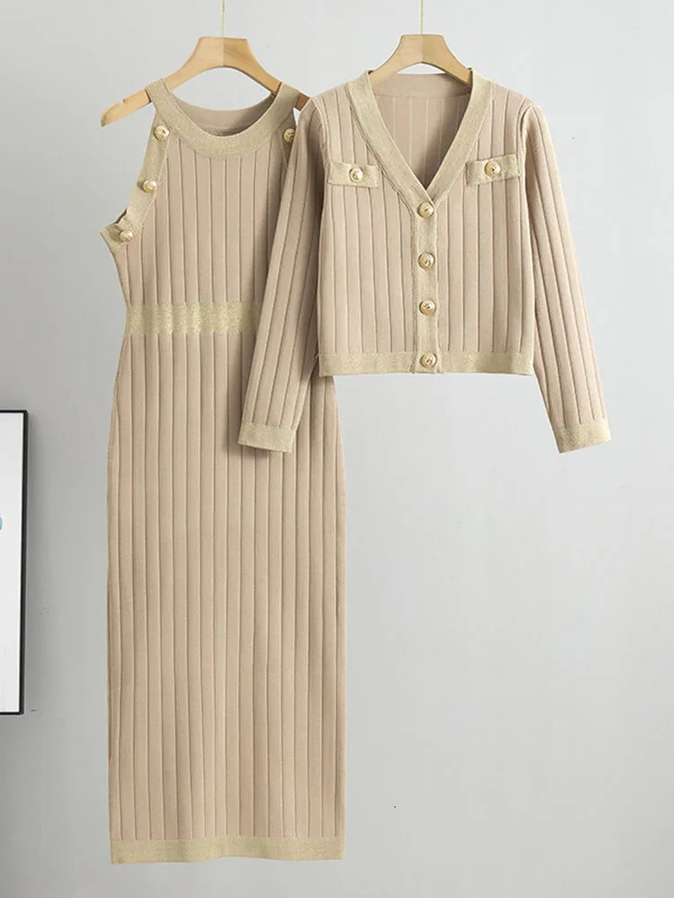 Elegant Knitted 2 Piece Set Oneck Sleeveless Knitwears Slim Dress Conjuntos Casual Long Sleeve Short Cardigan Outfit 241129