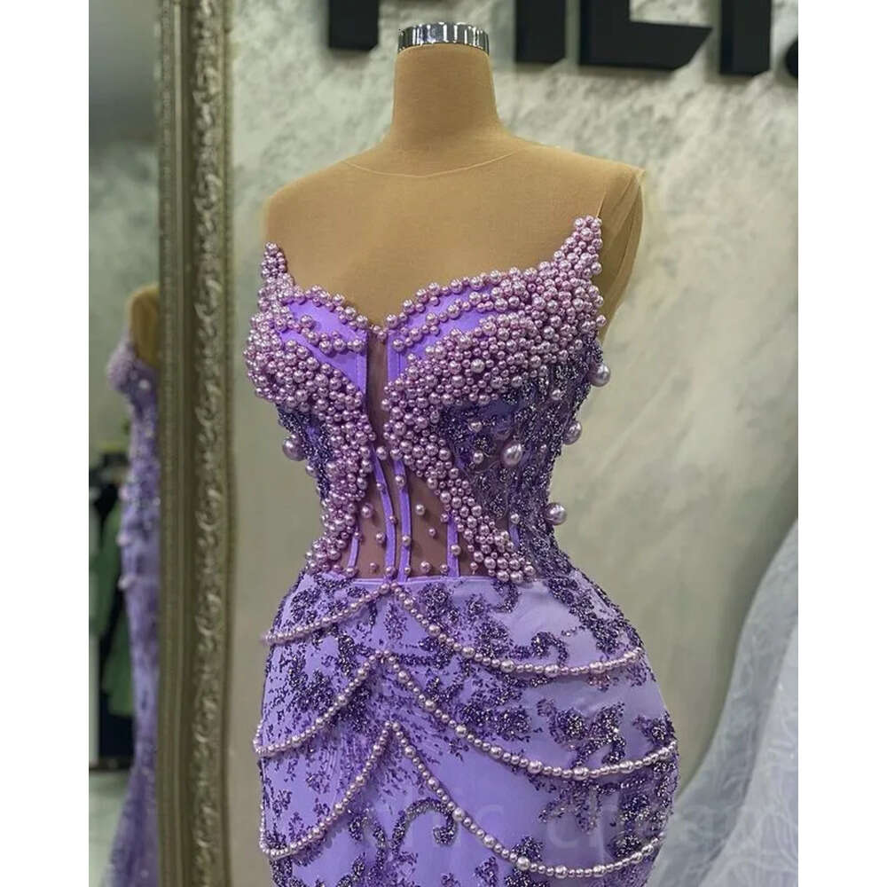 Mermaid Aso Lavender April Ebi Prom Dress Pearls Sequined Lace Evening Formal Party Second Reception Birthday Engagement Gowns Dresses Robe De Soiree 