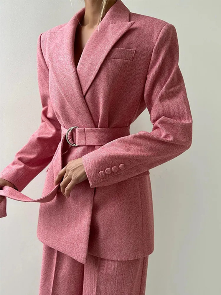 Casual Solid Womens Blazer Coats Pants 3 Pieces Sets Elegant Long Sleeve Coat Fishbone Top High Waist Wide Trousers Lady Suits 241129