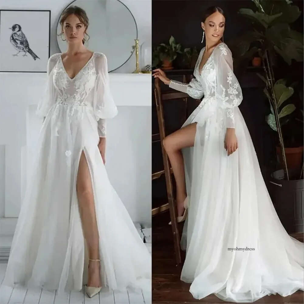 Elegant Beach A Line Wedding Dresses Side Split Cap Sleeve Lace Applique Bridal Gown Sweep Train Vestidos De Novia Custom Size 0431