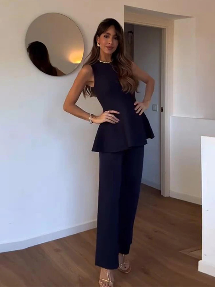 Elegant Ruffle Top Pant Set Dark Blue Oneck Sleeveless High Waist Wide Leg Pants Female Suit 2025 Fashion Lady 241129