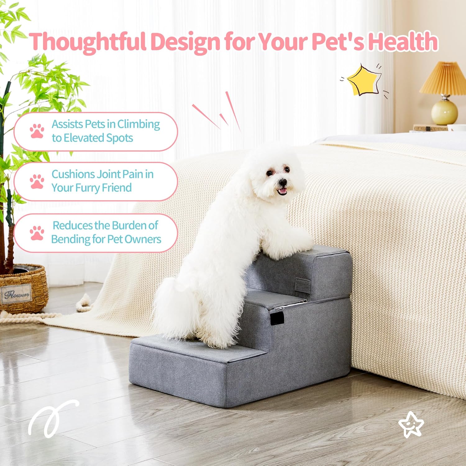 Made4Pets Dog Stairs for Small Dogs, Foldable Pet Step Dog Ramp for High Bed Couch Sofa, High-Density Foam 4-Step with Removable Cover for Older Doggi