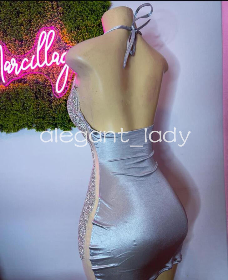 Ivy Silver Diamond Mini Evening Cocktail Dresses for Black Girl Luxury Sparkly Crystal Birthday Gala Gown Sheer Mesh Prom Dress