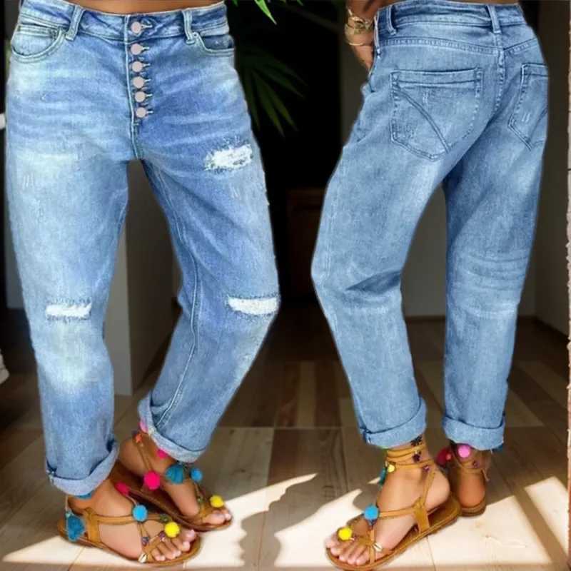 Women's Jeans Womens cracked jeans hole high waist mom jeans glitter pants denim autumn 2024 casual long short strapless jeans H241130