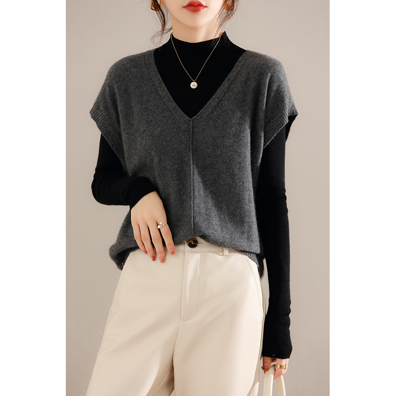 Cashmere Ladies New 100%Pure Wool Knit Waistcoat Spring V-Neck Large Size Sweater Wild Sleeveless Vest Solid Loose Top