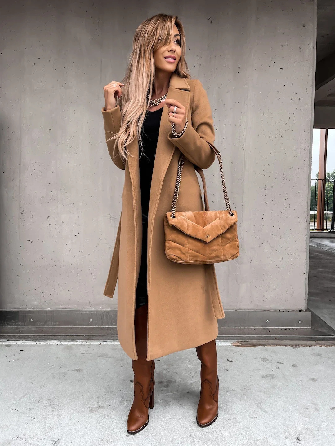 European and American Solid Color Lapel Tie Up Wool Blends Coatwomens Autumn Winter Loose Long Sleeve Stitching Coat 241129