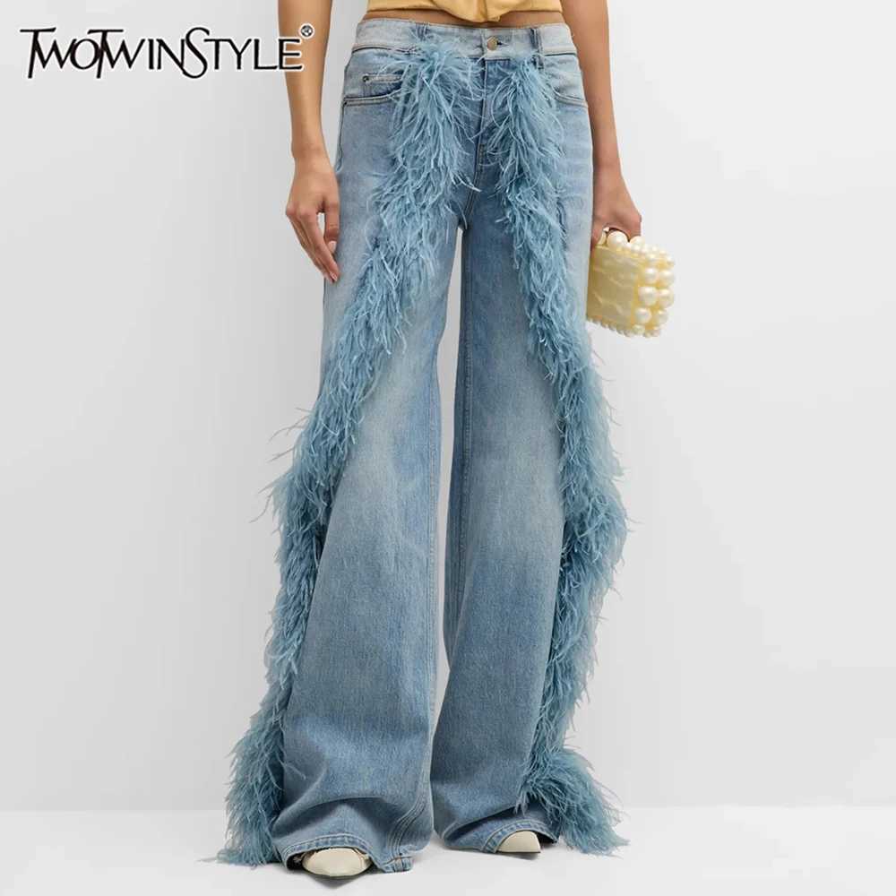 Women's Jeans TWOTWINSTYLE Solid Splicing Feather Jeans Suitable for Women High Waist Splicing Work Button Fashion Design Demin Pants Womens Fash