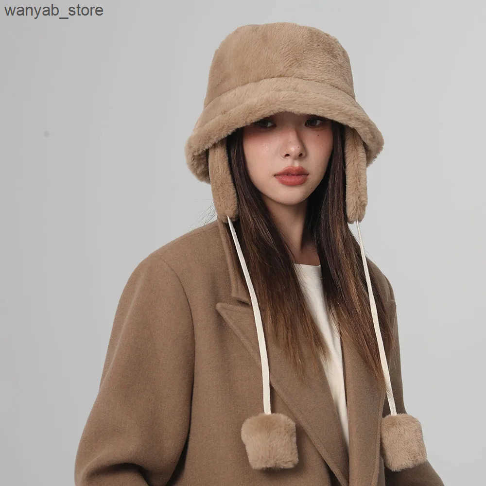 Wide Brim Hats Bucket Bomber Winter warm bucket hat hats for women Golf cap Hiking fur Barrel Cotton fabric Ear protection L240910 L0910