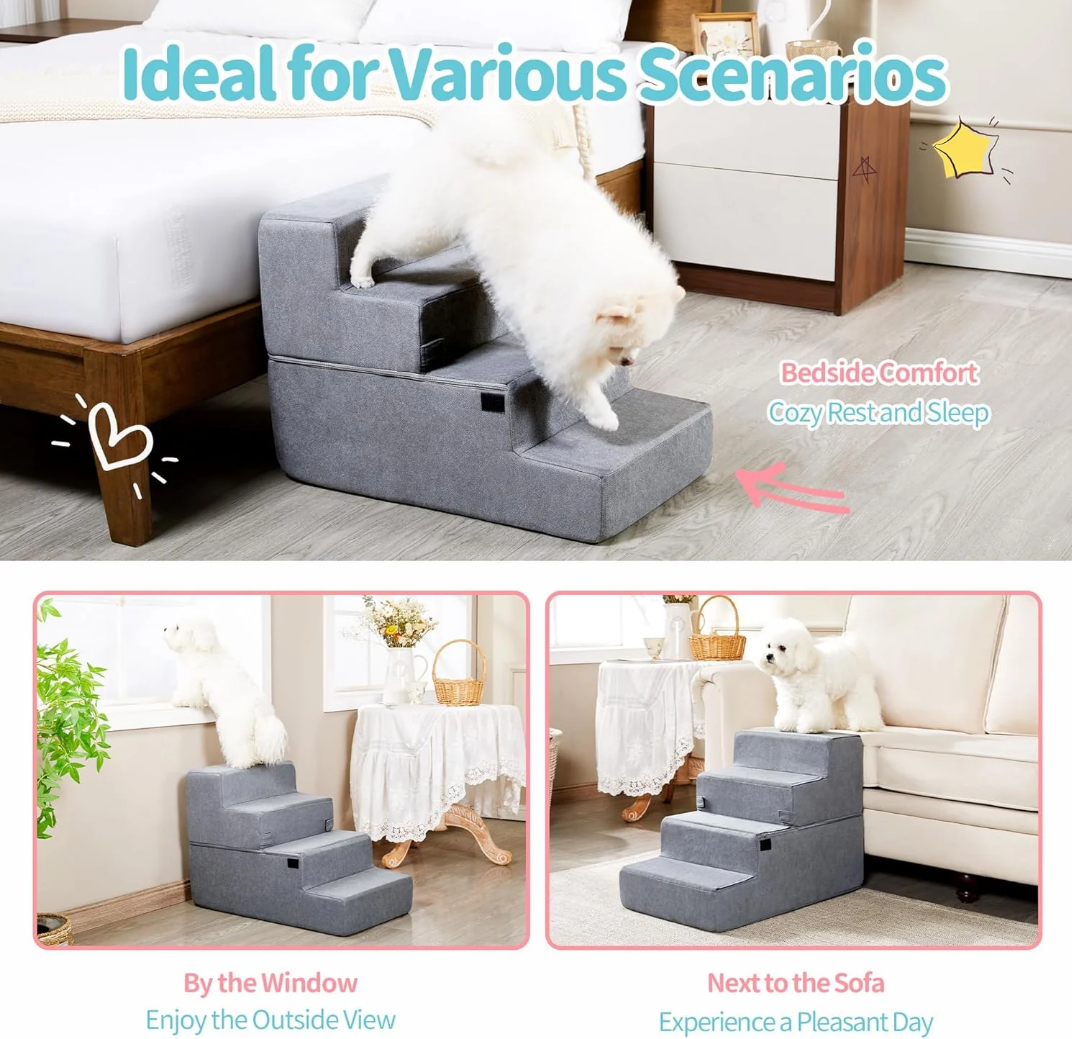 Made4Pets Dog Stairs for Small Dogs, Foldable Pet Step Dog Ramp for High Bed Couch Sofa, High-Density Foam 4-Step with Removable Cover for Older Doggi