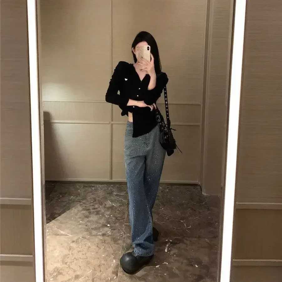 Women's Jeans Starry Hot Rhinestone Shining Diamond High Waist Jeans for Women Autumn New Loose Casual Laundry Straight Leg Pants H241130