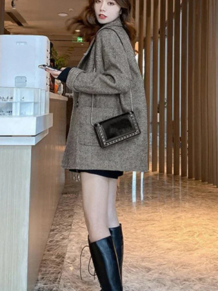 Blazers 2024 Autumn Winter Turndown Collar Wool Blends Coats Korean Fashion Solid Tweed Jacket Simplicity 241129